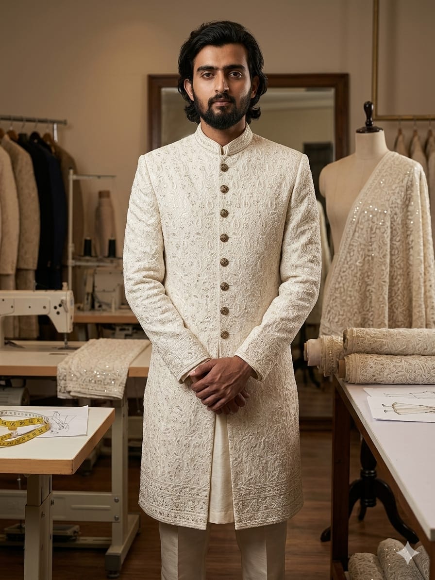 Antique Gold Jamawar Shervani